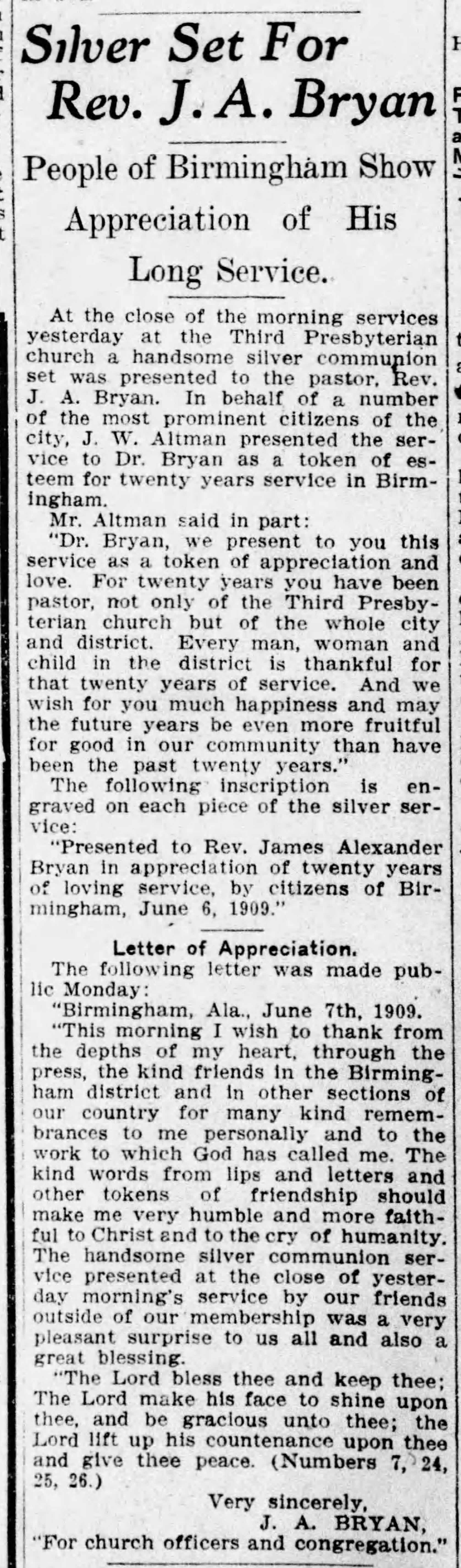 Silver Set for Rev. J.A. Bryan: The People of Birmingham Show Appreciation of His Long Service